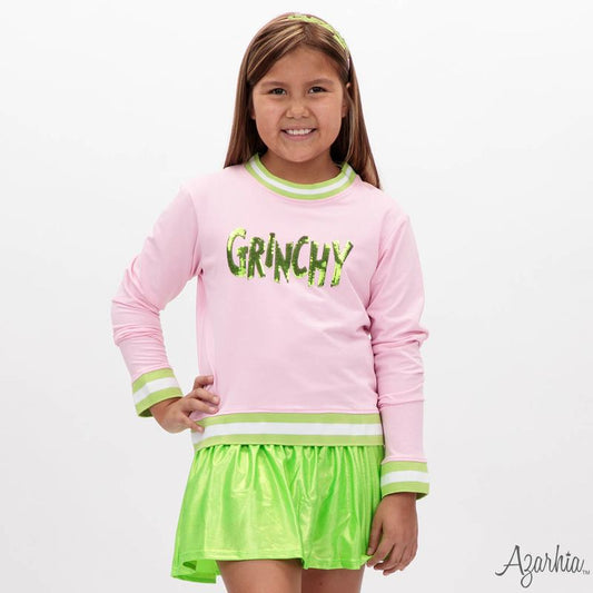 Girls Grinchy in Sequin on Pink Crew Sweatshirt by Azarhia
