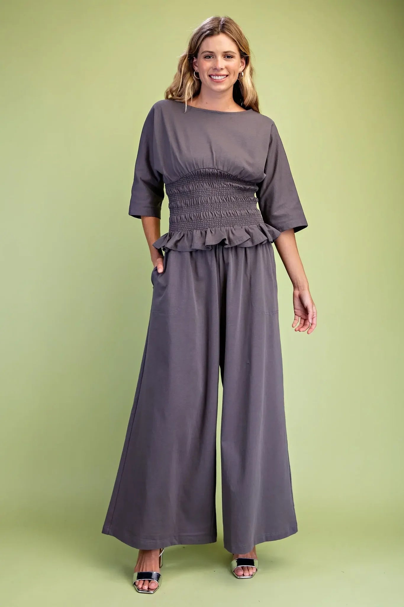 Ladies Wide Leg Sweatpants with Smocked Waist-Charcoal