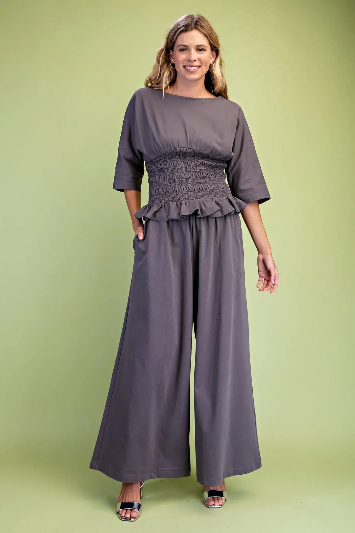 Ladies Boat Neck Sweatshirt with Smocked Waist and Dolman Sleeves-Charcoal