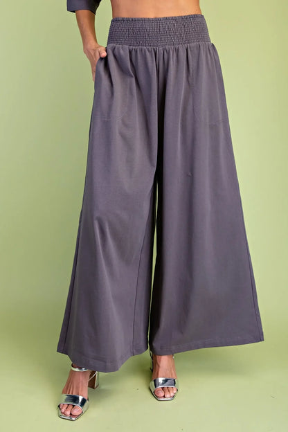 Ladies Wide Leg Sweatpants with Smocked Waist-Charcoal
