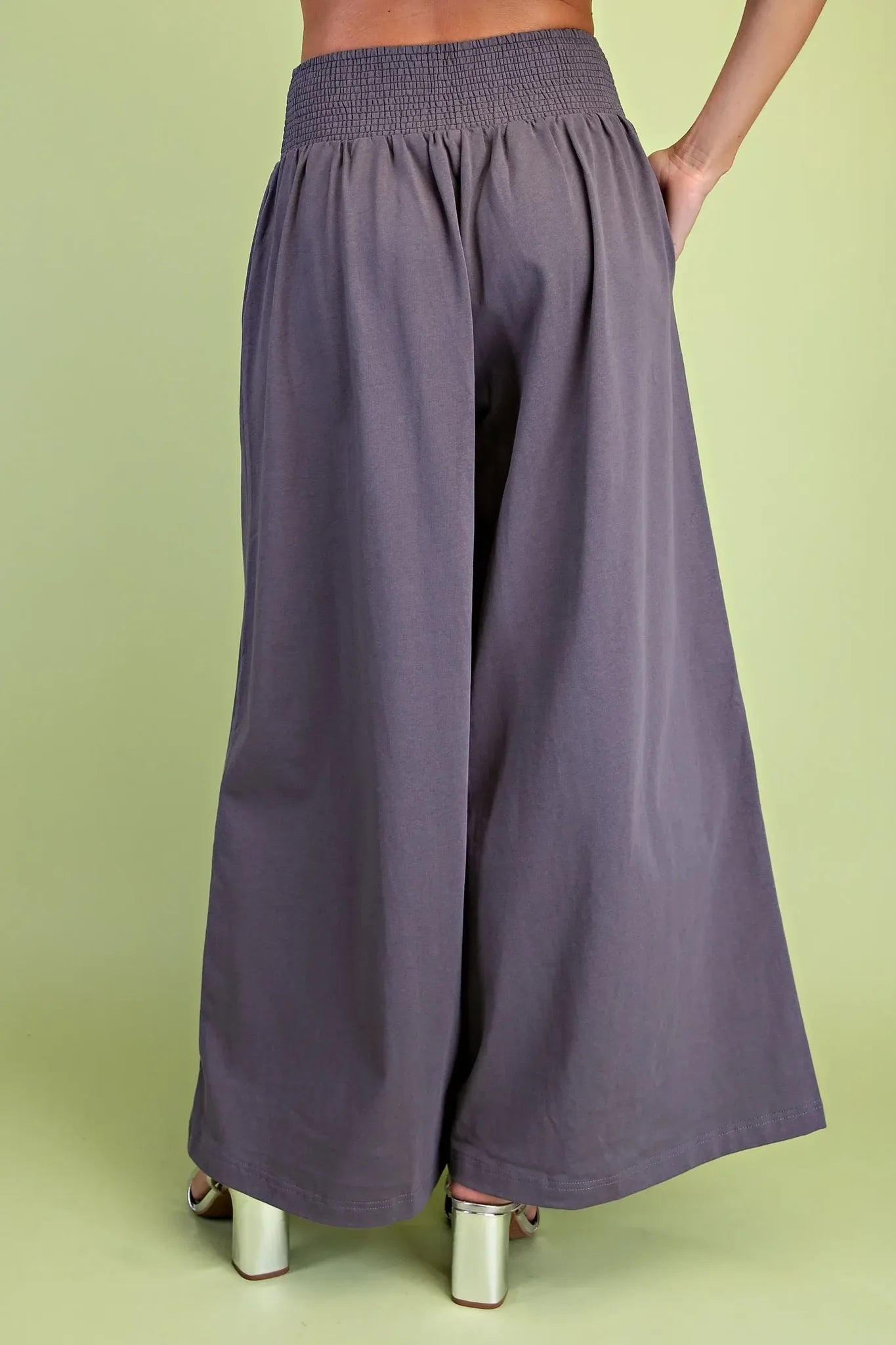 Ladies Wide Leg Sweatpants with Smocked Waist-Charcoal