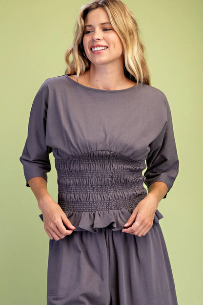Ladies Boat Neck Sweatshirt with Smocked Waist and Dolman Sleeves-Charcoal