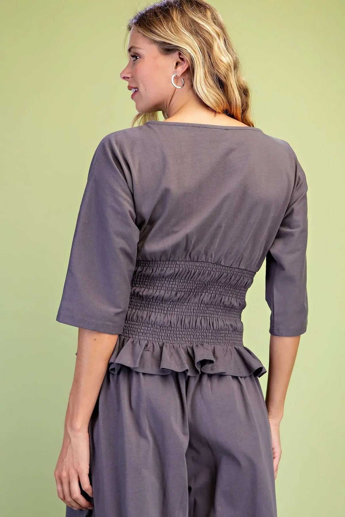 Ladies Boat Neck Sweatshirt with Smocked Waist and Dolman Sleeves-Charcoal