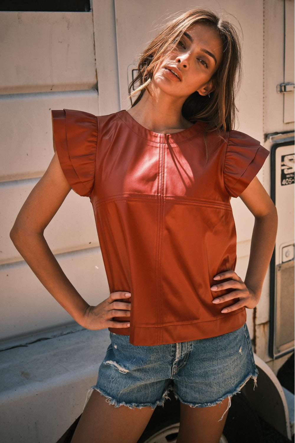 Ladies Ces Femme Faux Leather Ruffle Sleeve Top