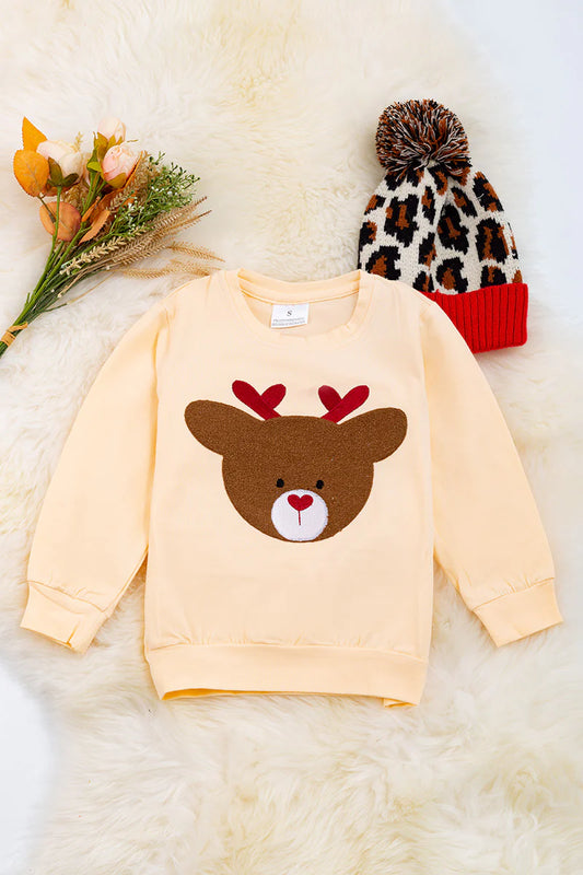 Girls Deer Applique Ivory Cotton Sweatshirt