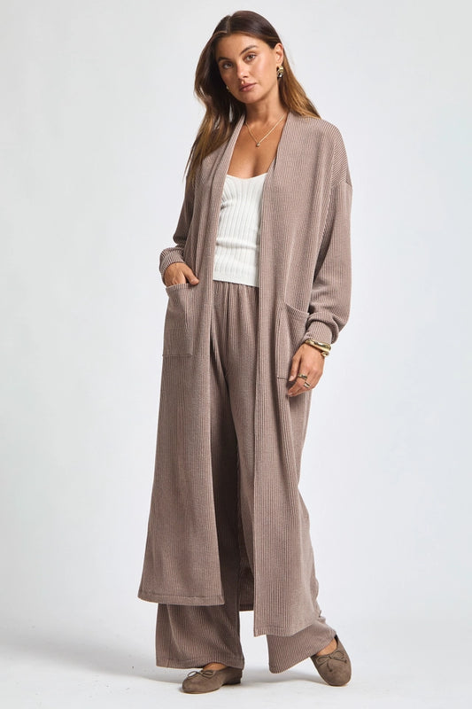 Ladies Longline Cardigan and Relaxed Pants Set-Oyster