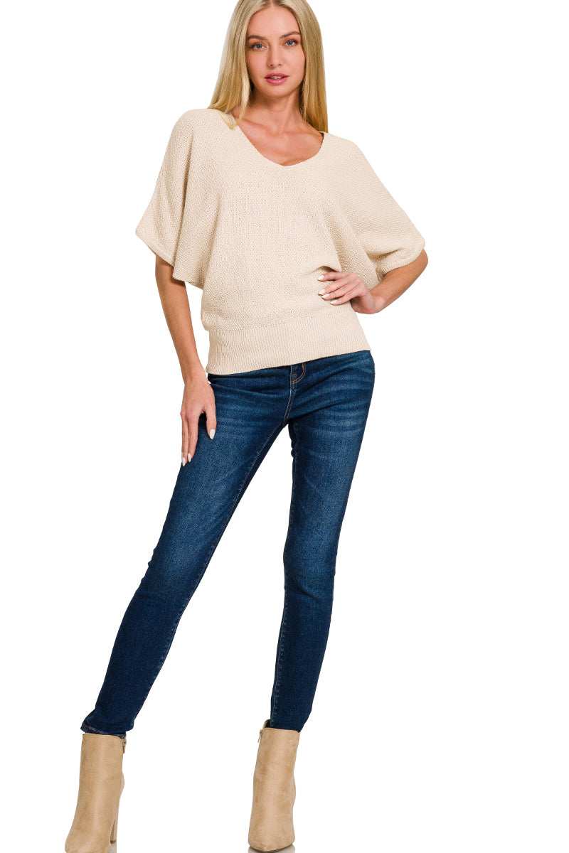 Ladies Zenana V-Neck Short Sleeved Dolman Sweater-Sand Beige