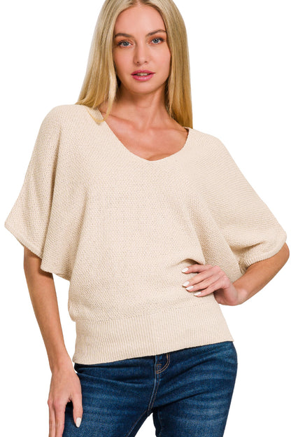 Ladies Zenana V-Neck Short Sleeved Dolman Sweater-Sand Beige