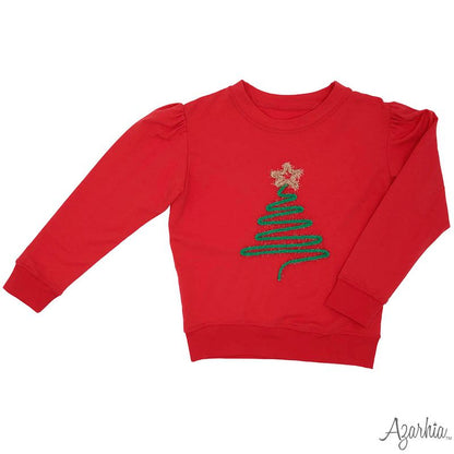 Girls Christmas Tree in Tinsel on Red Holly Top by Azarhia