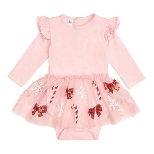 Girls Candy Cane Cutie Christmas L/S Tutu Bodysuit by Sweet Wink