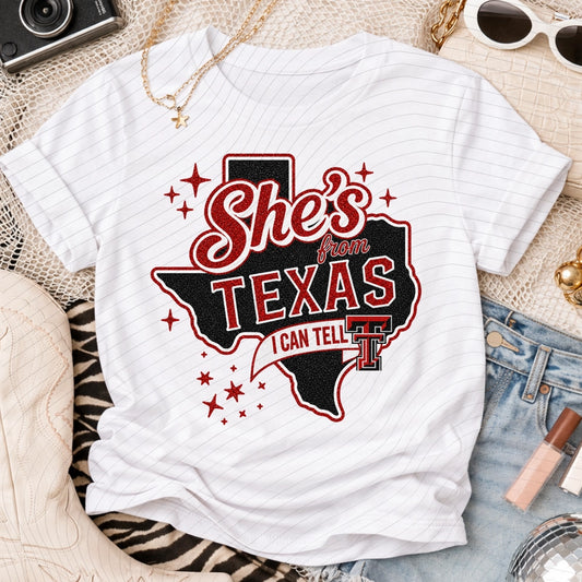Ladies White She's from Texas Tee-Tech
