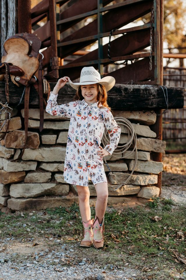 Girls Pink Vintage Cowgirl L/S Pearl Snap Dress by Shea Baby