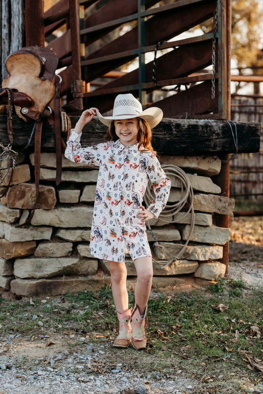 Girls Pink Vintage Cowgirl L/S Pearl Snap Dress by Shea Baby