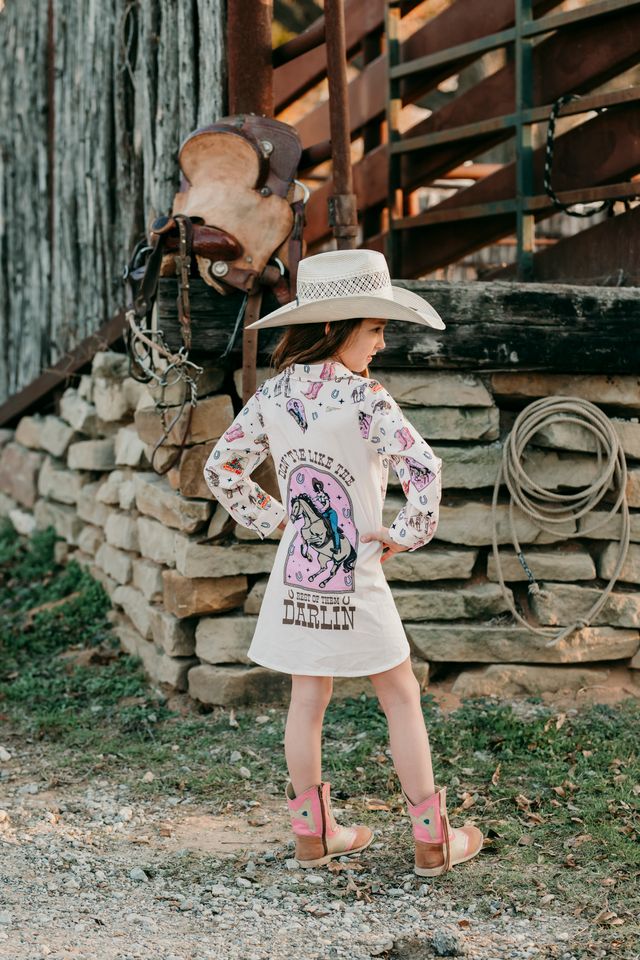 Girls Pink Vintage Cowgirl L/S Pearl Snap Dress by Shea Baby