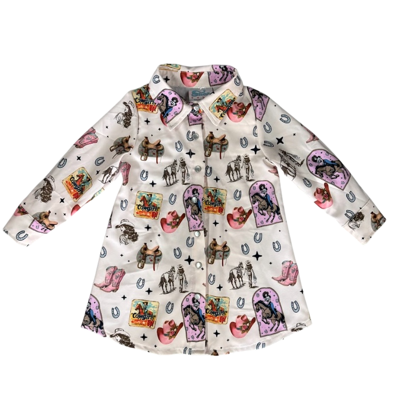 Girls Pink Vintage Cowgirl L/S Pearl Snap Dress by Shea Baby