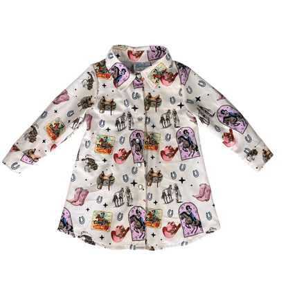 Girls Pink Vintage Cowgirl L/S Pearl Snap Dress by Shea Baby