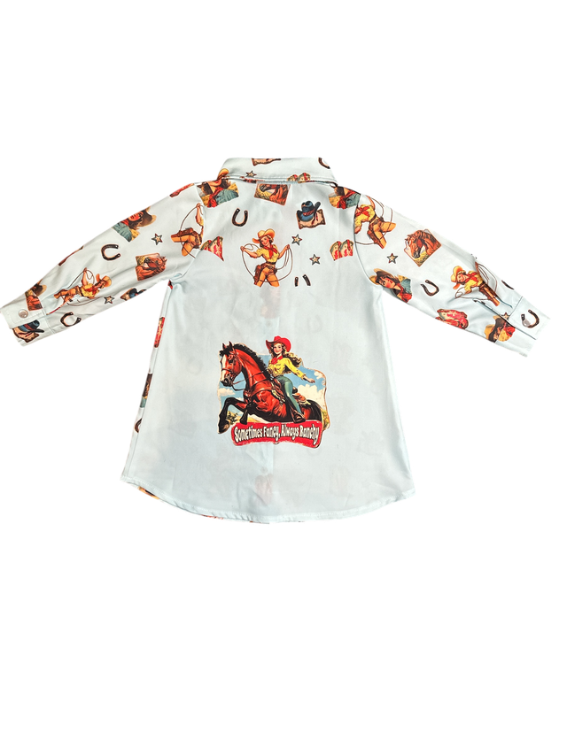 Girls Blue Vintage Cowgirl Pearl Snap LS Dress by Shea Baby