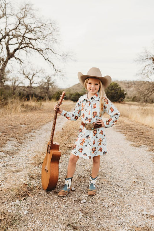 Girls Blue Vintage Cowgirl Pearl Snap LS Dress by Shea Baby