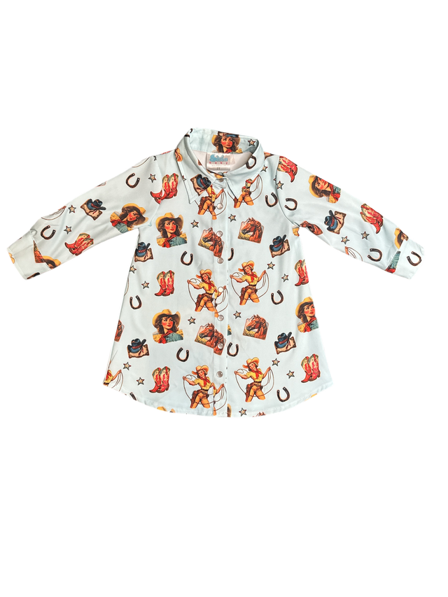 Girls Blue Vintage Cowgirl Pearl Snap LS Dress by Shea Baby