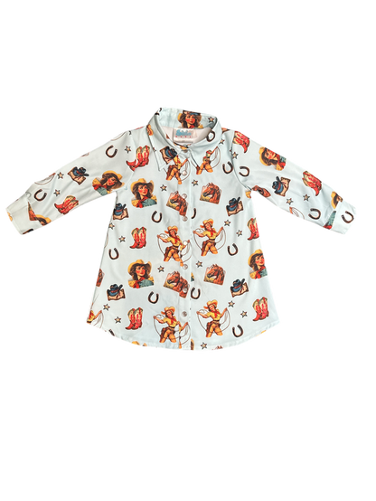 Girls Blue Vintage Cowgirl Pearl Snap LS Dress by Shea Baby