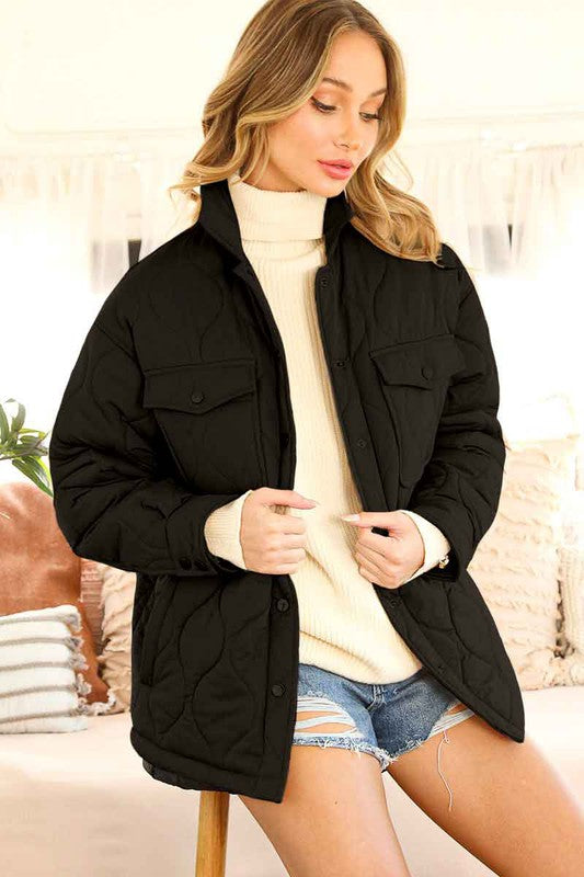 Ladies Quilted Oversized Puffer Jacket Coat-Black