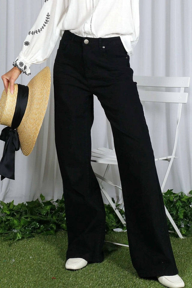Ladies Wide & Loose Straight Leg Cotton Span Long Pants-Black