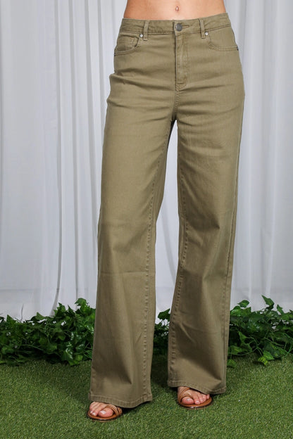 Ladies Wide & Loose Straight Leg Cotton Span Long Pants-Olive