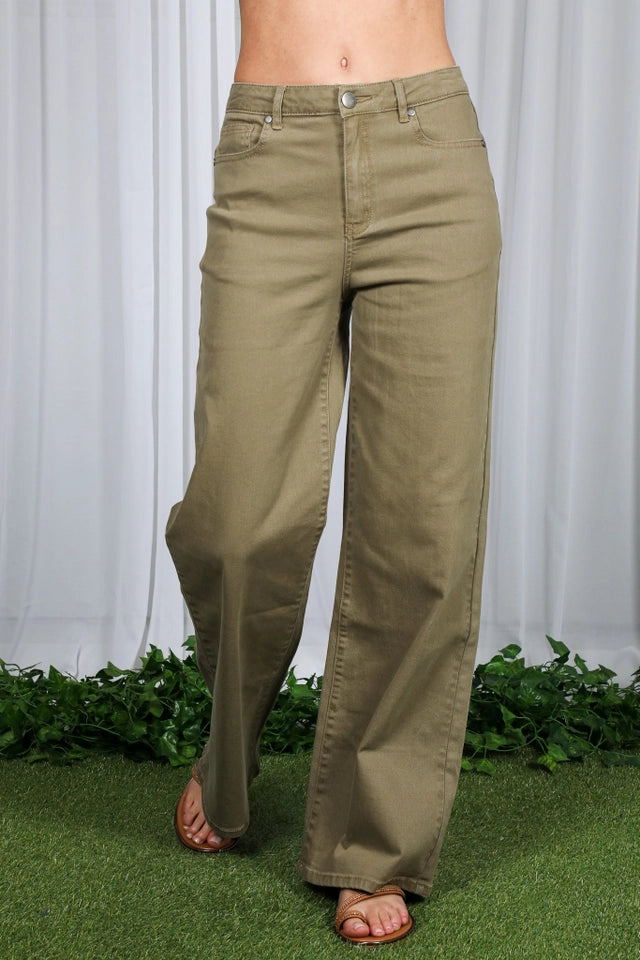 Ladies Wide & Loose Straight Leg Cotton Span Long Pants-Olive