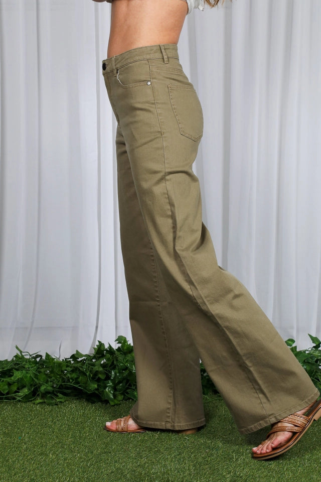Ladies Wide & Loose Straight Leg Cotton Span Long Pants-Olive