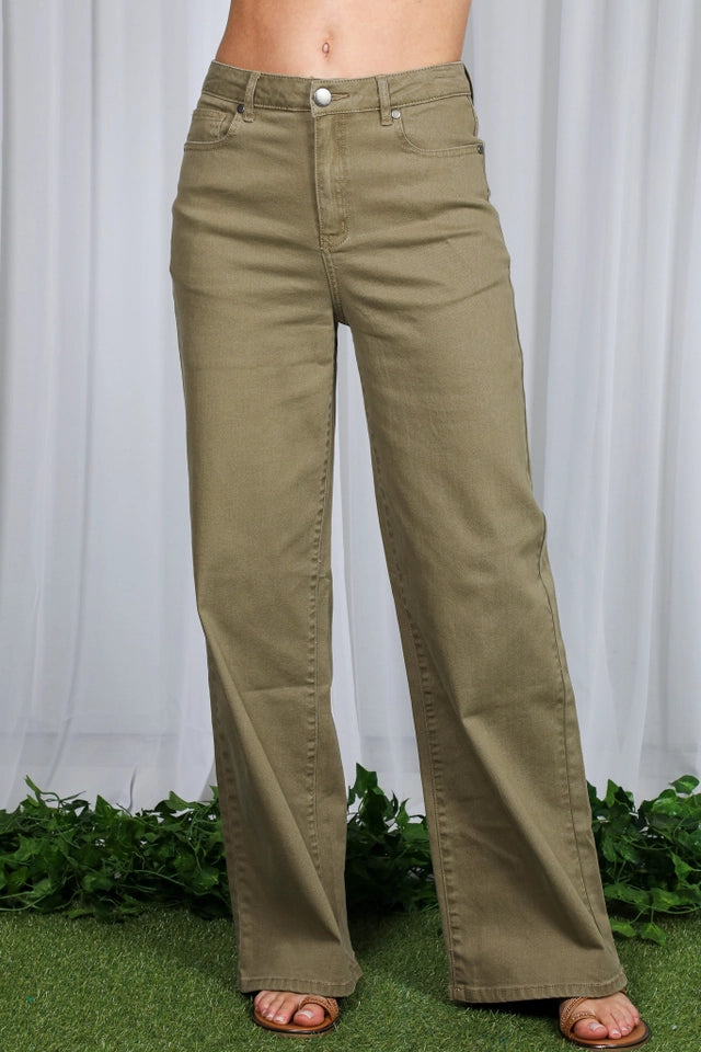 Ladies Wide & Loose Straight Leg Cotton Span Long Pants-Olive
