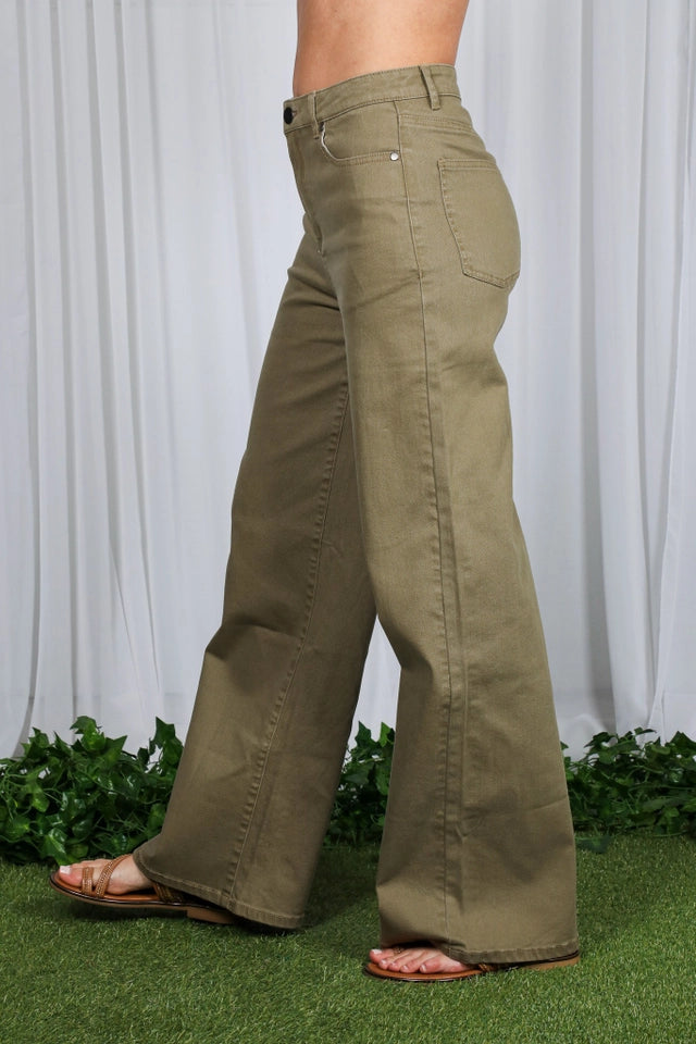 Ladies Wide & Loose Straight Leg Cotton Span Long Pants-Olive