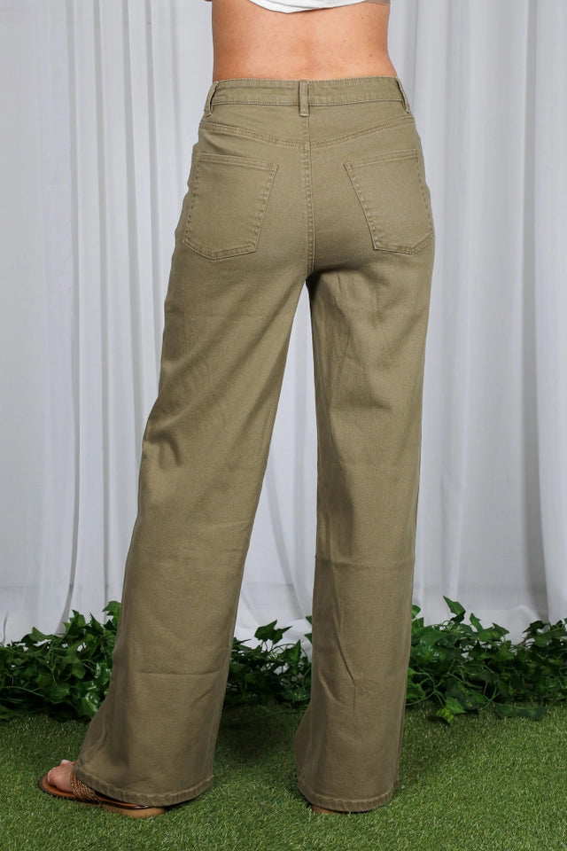 Ladies Wide & Loose Straight Leg Cotton Span Long Pants-Olive