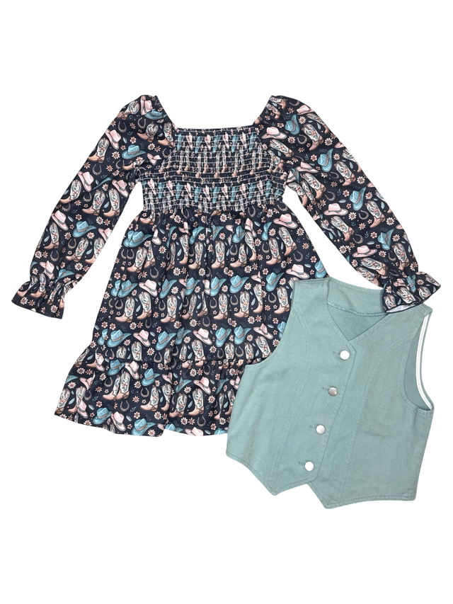 Girls Cowgirl Boot LS Dress & Vest by Shea Baby