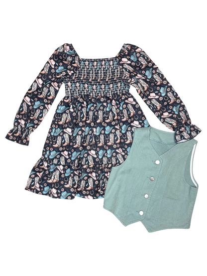 Girls Cowgirl Boot LS Dress & Vest by Shea Baby