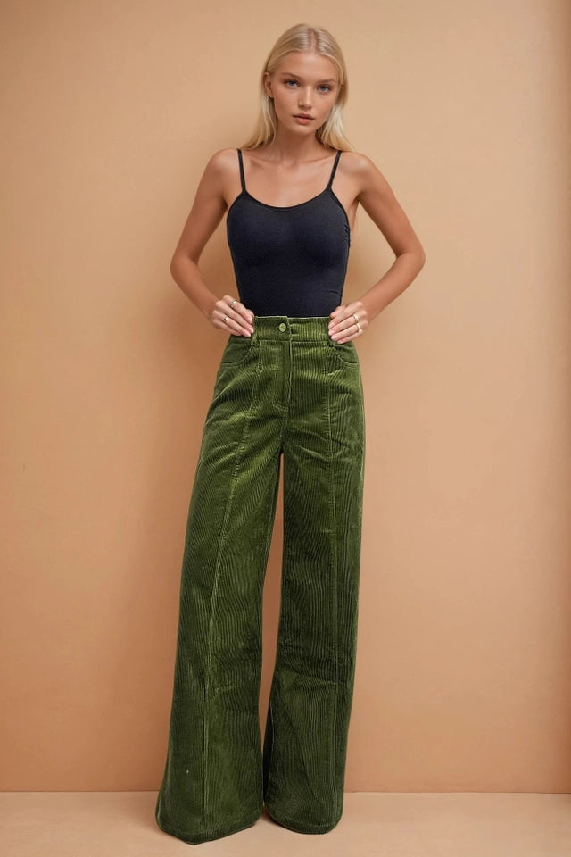 Ladies Corduroy Wide Leg Pants-Olive