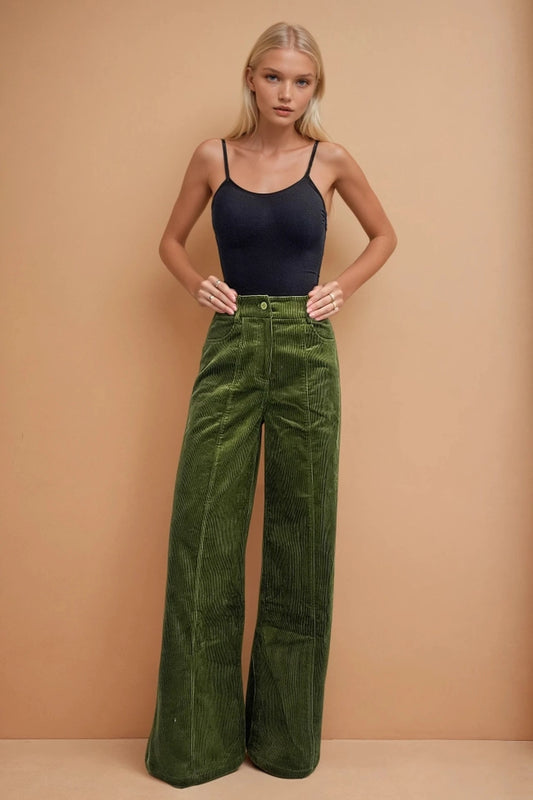 Ladies Corduroy Wide Leg Pants-Olive