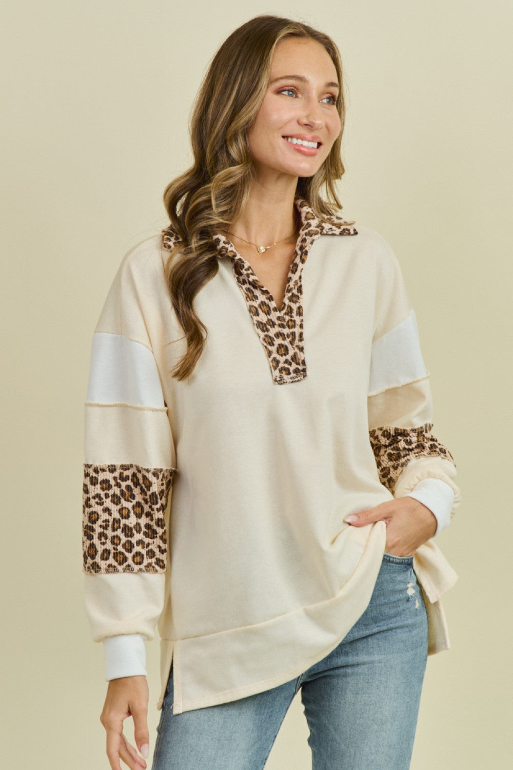 Ladies Animal Print Long Sleeve Sweatshirt-Ivory