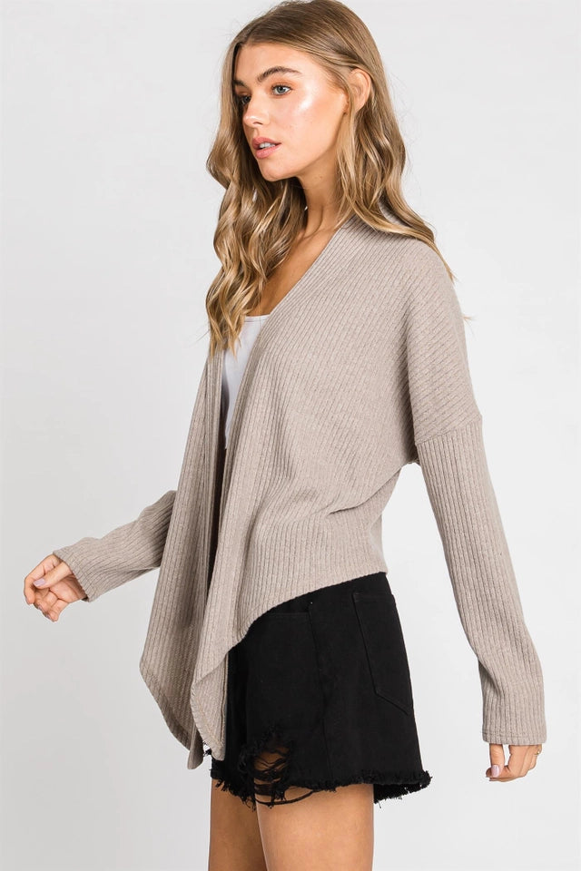 Ladies Wide Brushed Ribbed Cardigan-Taupe