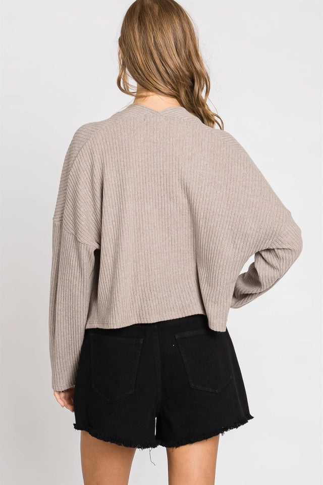 Ladies Wide Brushed Ribbed Cardigan-Taupe