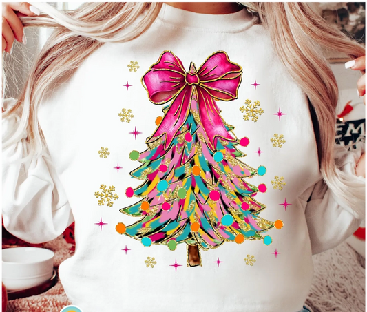 Ladies Watercolor Christmas Tree Crewneck Tee-White