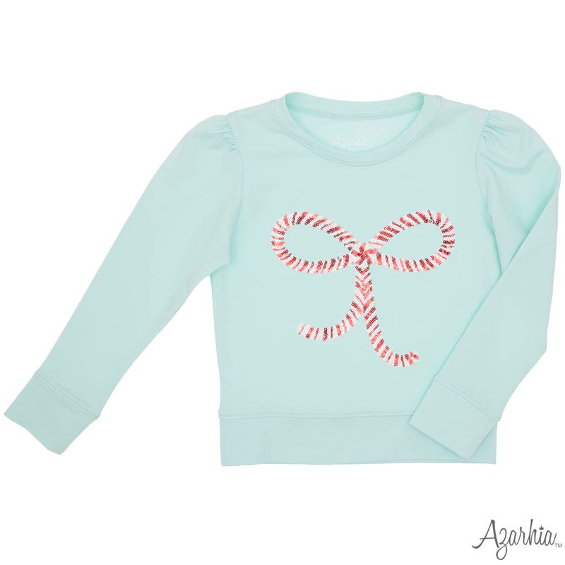Girls Candy Cane Bow in Sequin on Mint Holly Top by Azarhia