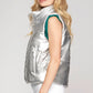 Ladies Stand Collar Metallic Silver Puffer Vest-Silver