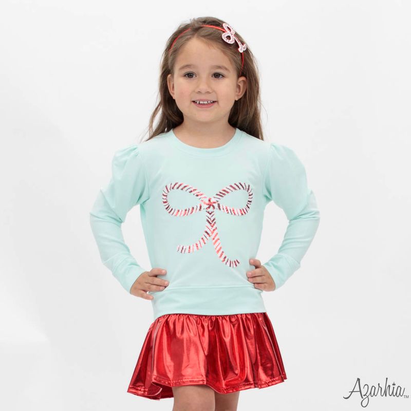 Girls Candy Cane Bow in Sequin on Mint Holly Top by Azarhia