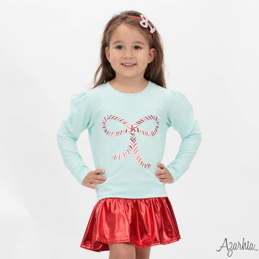 Girls Candy Cane Bow in Sequin on Mint Holly Top by Azarhia