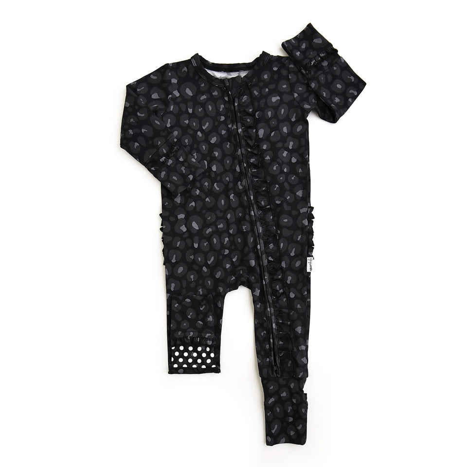 Baby Girls Ash Black Leopard Ruffle Zip Bamboo Sleeper