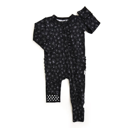 Baby Girls Ash Black Leopard Ruffle Zip Bamboo Sleeper