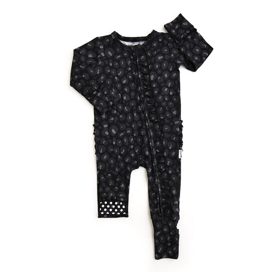 Baby Girls Ash Black Leopard Ruffle Zip Bamboo Sleeper