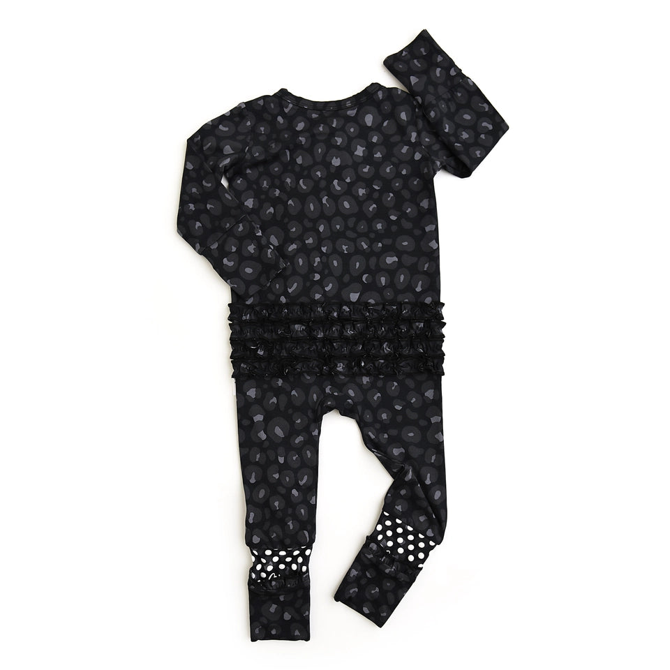 Baby Girls Ash Black Leopard Ruffle Zip Bamboo Sleeper