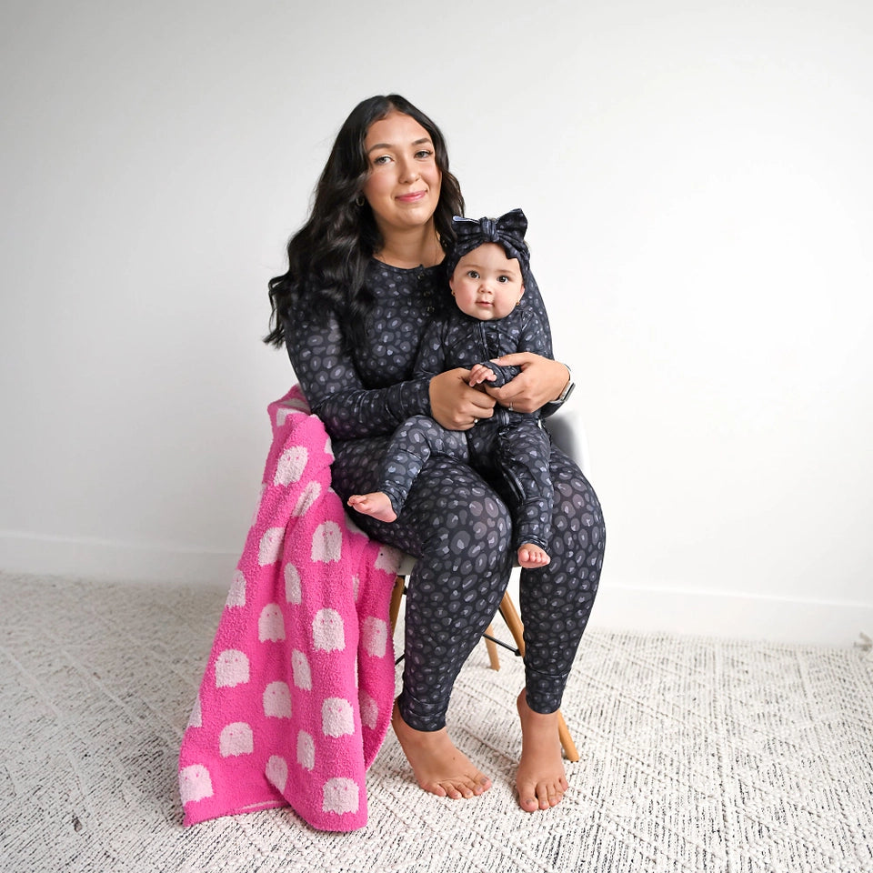 Baby Girls Ash Black Leopard Ruffle Zip Bamboo Sleeper