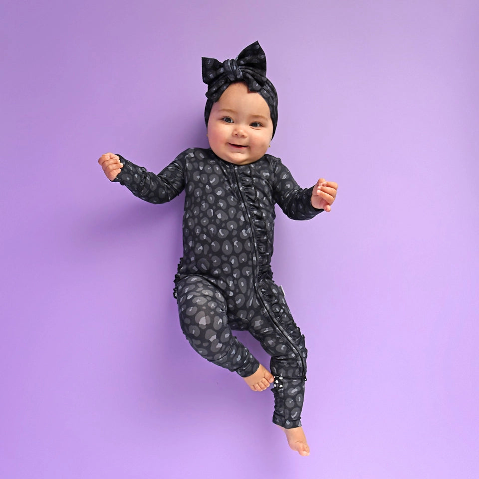 Baby Girls Ash Black Leopard Ruffle Zip Bamboo Sleeper